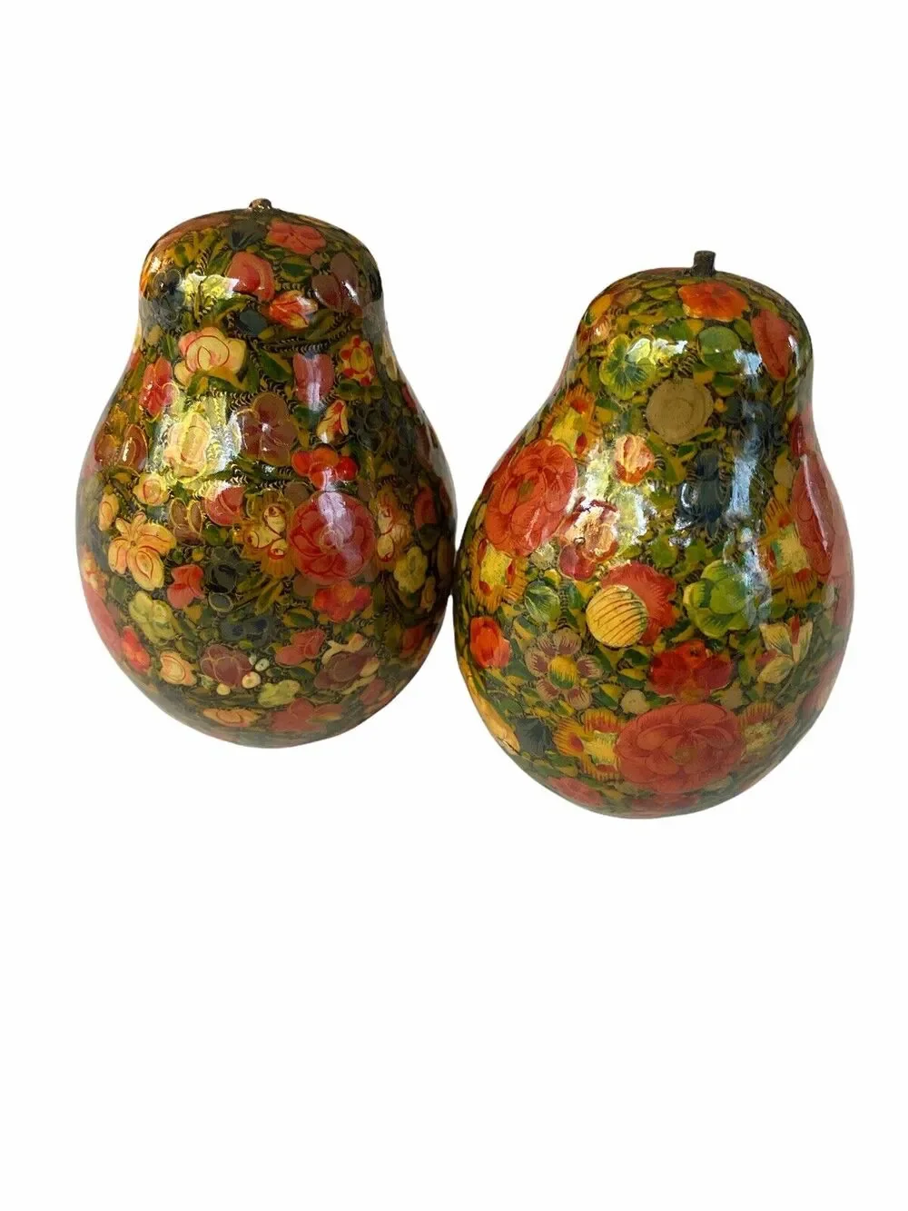 Vtg Handmade PAPER MACHE Floral-Lacquered Pear Set Kashmir INDIA Home Decor